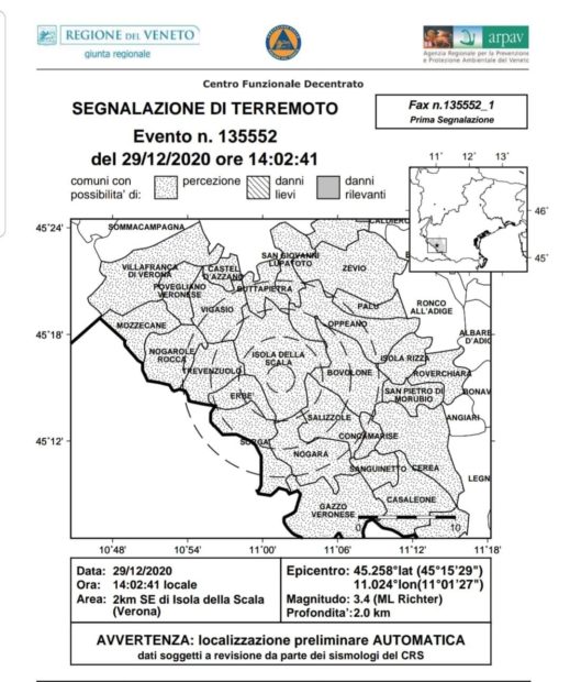 terremoto 29 dicembre 2020 Verona