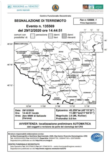 terremoto 29 dicembre 2020 Verona