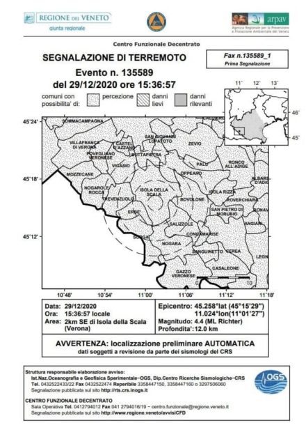 terremoto 29 dicembre 2020 Verona