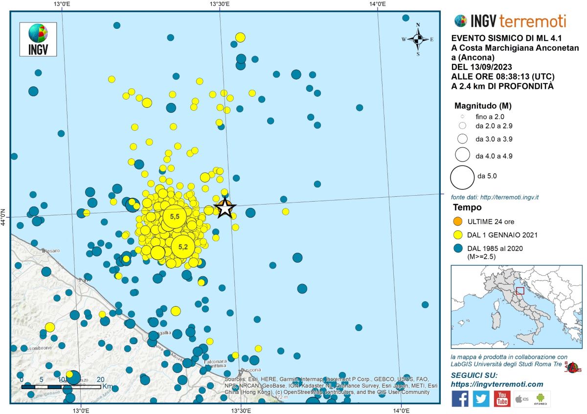 Terremoto oggi: nelle Marche scossa di 4.1 MI