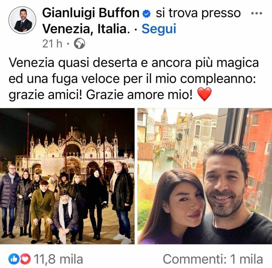 Buffon, 47 anni a Venezia: festa speciale con famiglia e amici